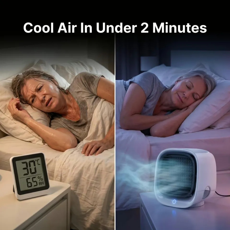 Split official image: a woman lies awake sweating in a sweltering bedroom, then sleeps peacefully with the AiraBreeze cooler glowing on her nightstand — cool air in under 2 minutes